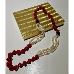 Vintage Pearl And Coral Long Necklace
